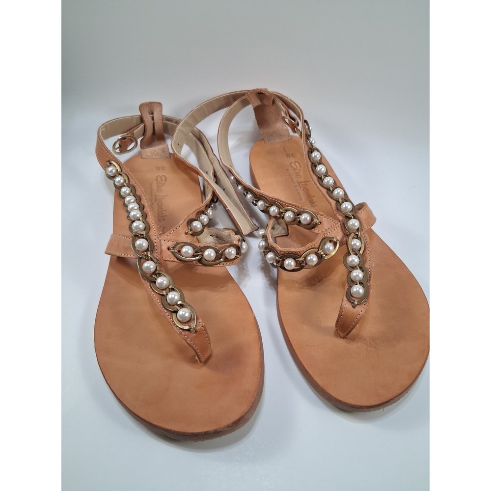 Elina Linardaki Coquette Pearl Leather Thong Sandals Greece Womens U.S. 7.5